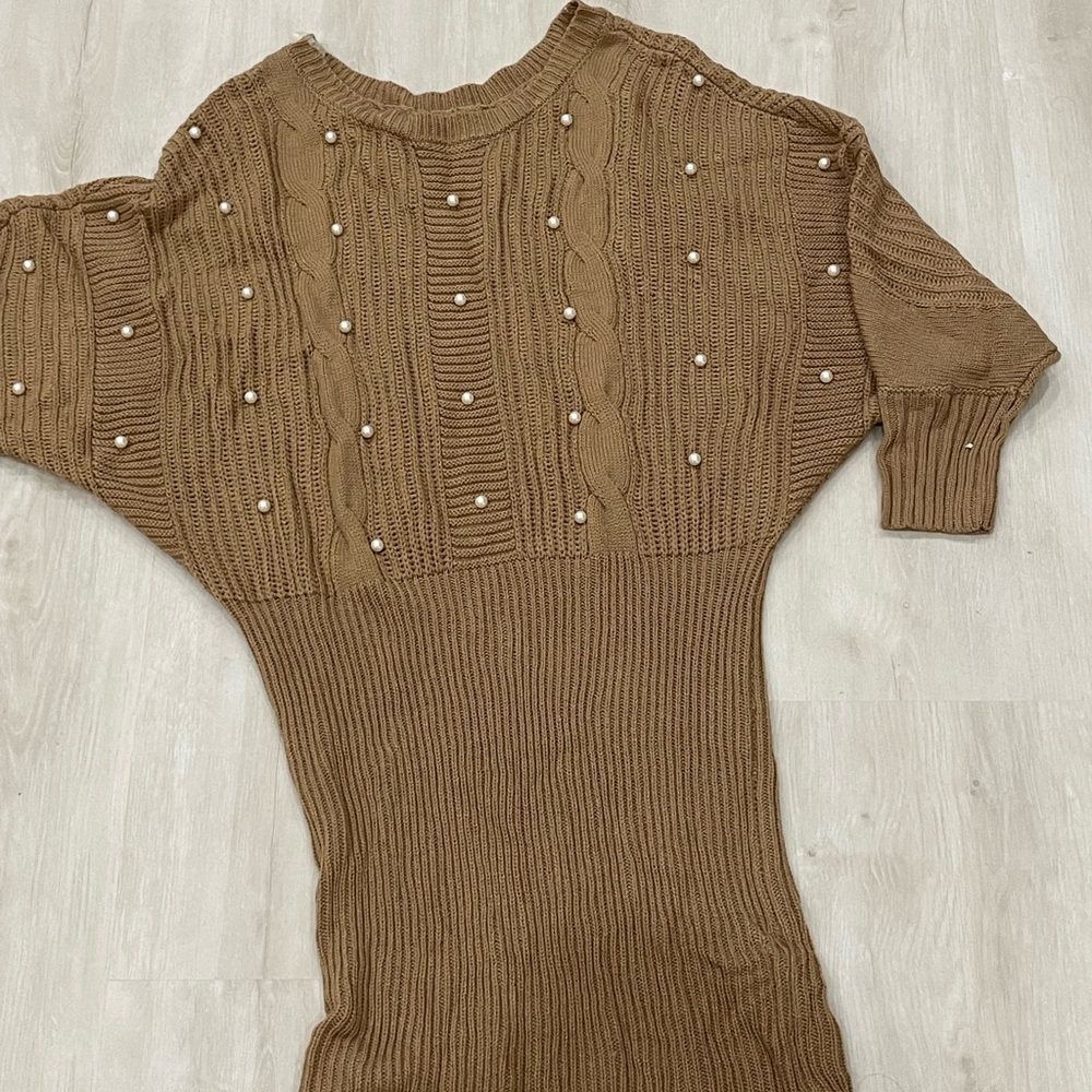 Almost Famous Tan Knit Dress with Pearl Details